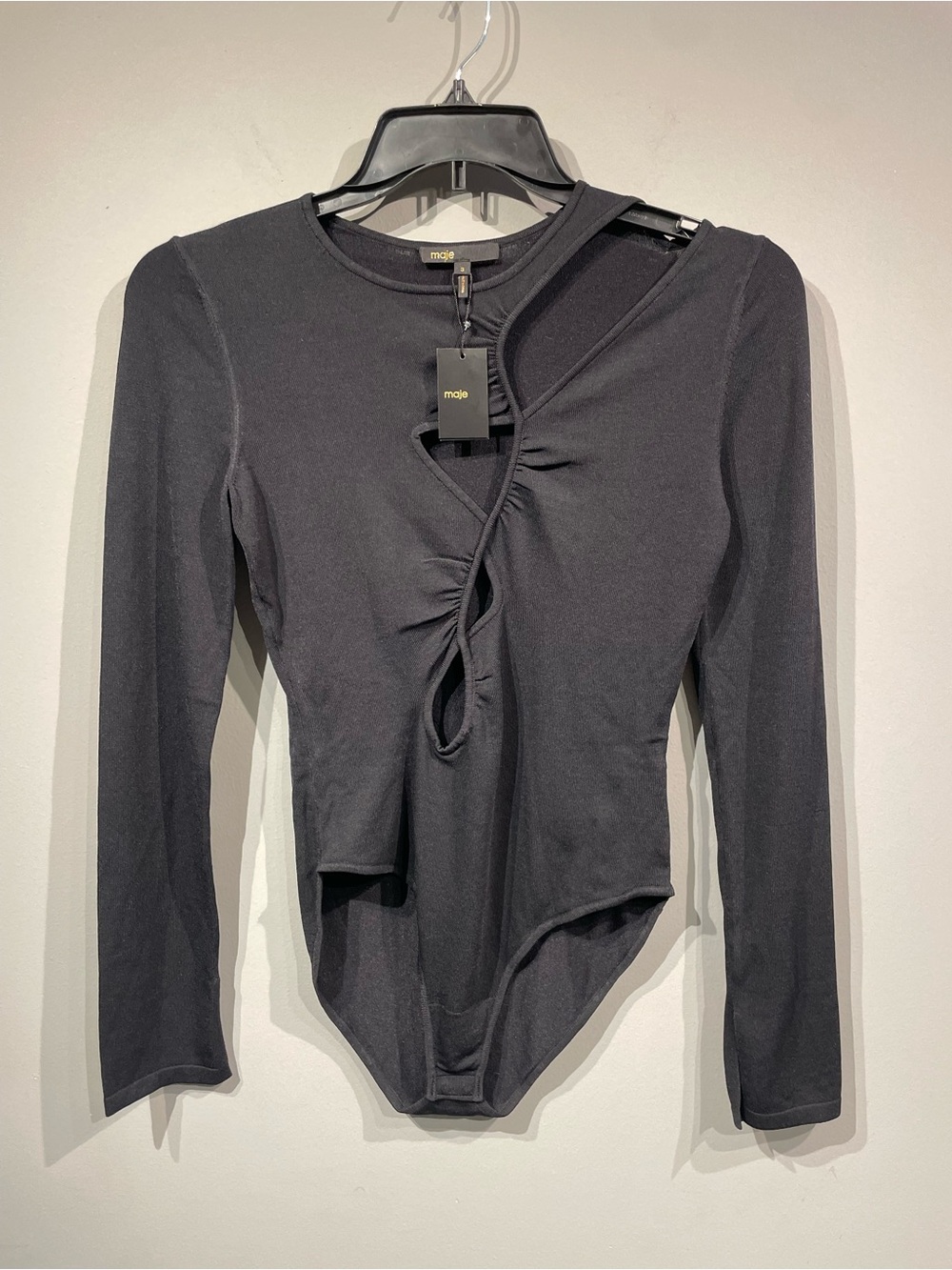 230$ New with Tags Maje Black Long-Sleeve Ruched Cutout Bodysuit size 3
